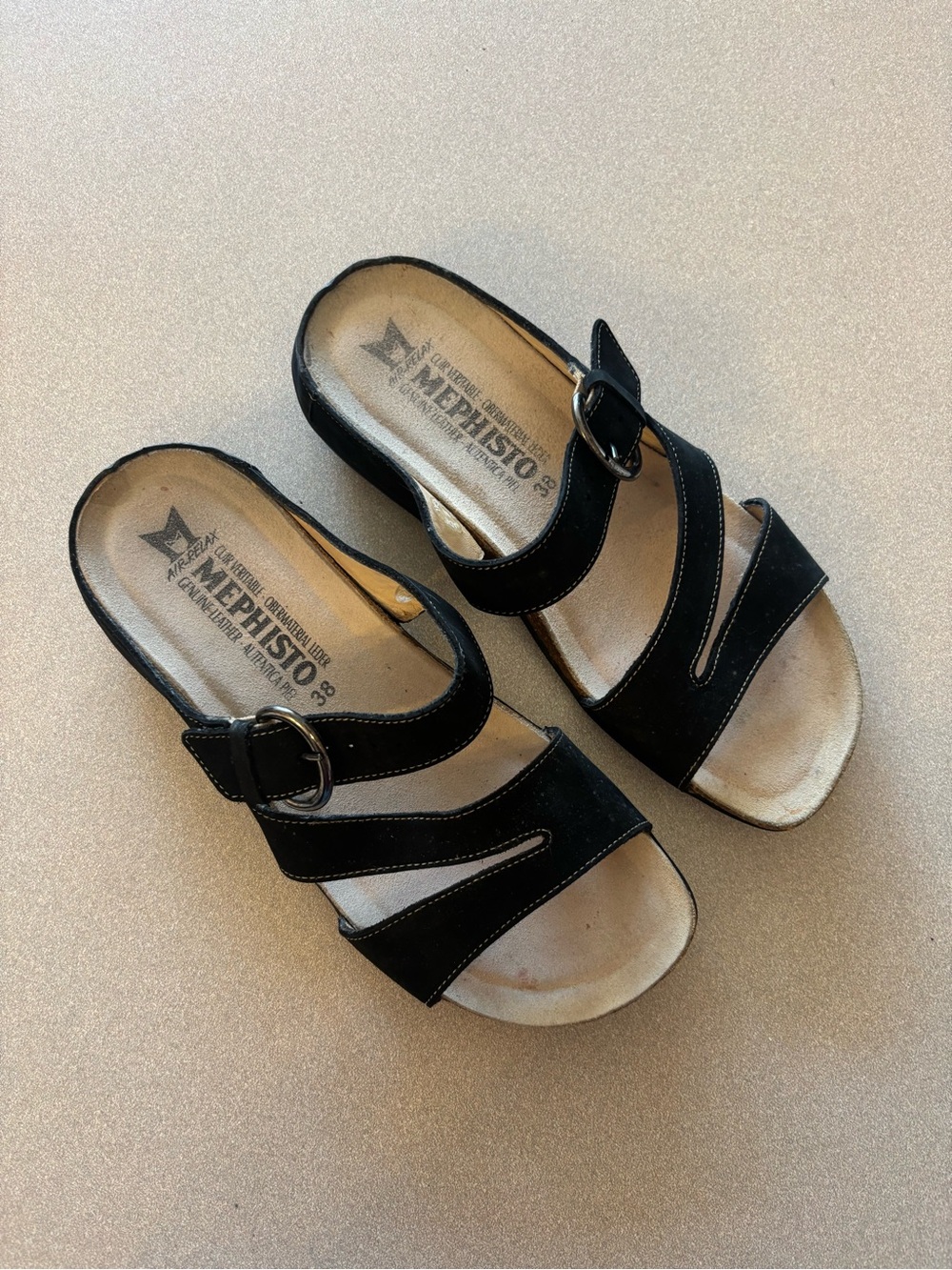 Mephisto Black Suede Slide Sandals with Buckle